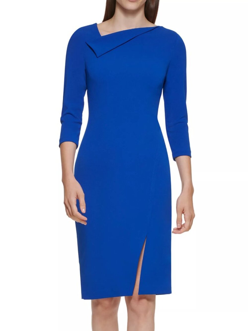 Calvin Klien 3/4 Sleeve Drape Neck Slit Trim Solid Sheath Dress NWT